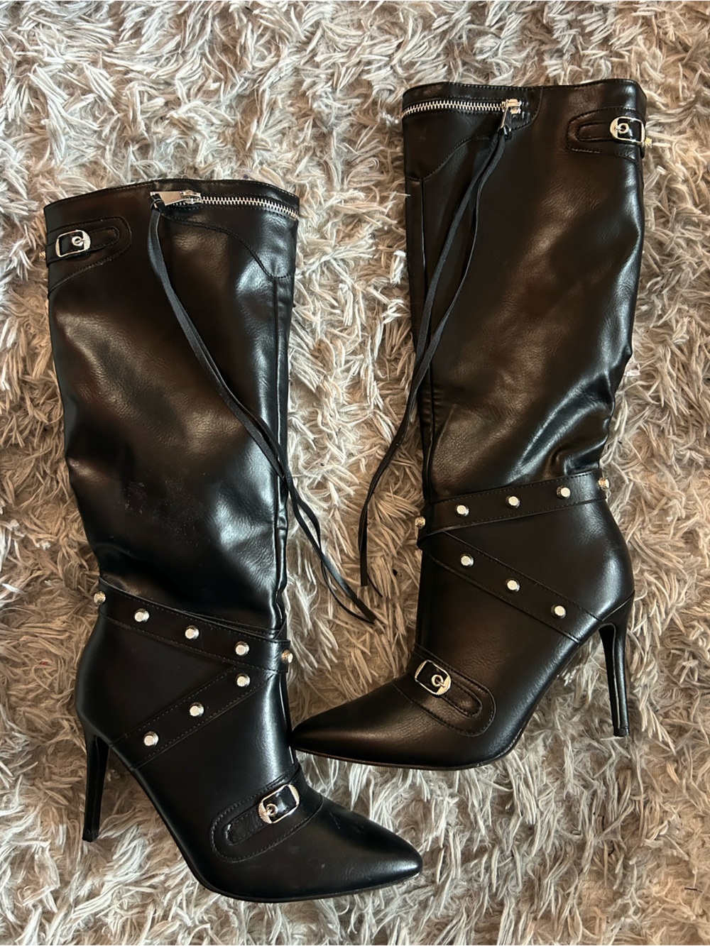 Amazon Women's Black Over-the-Knee Stiletto Boots with Stud Accents